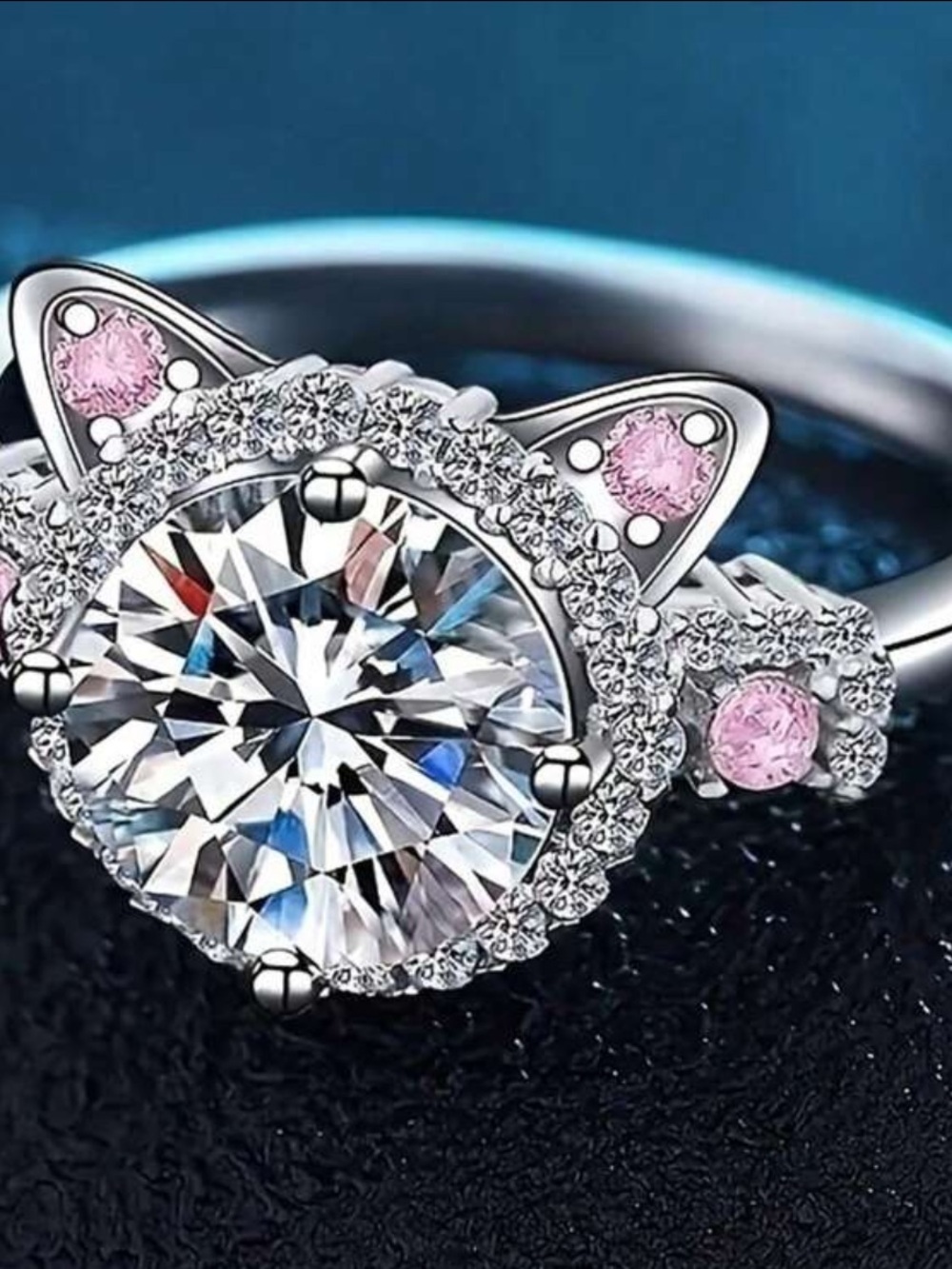 Silver Cat Ear Ring with Pink Accent Stones - Women Jewelry